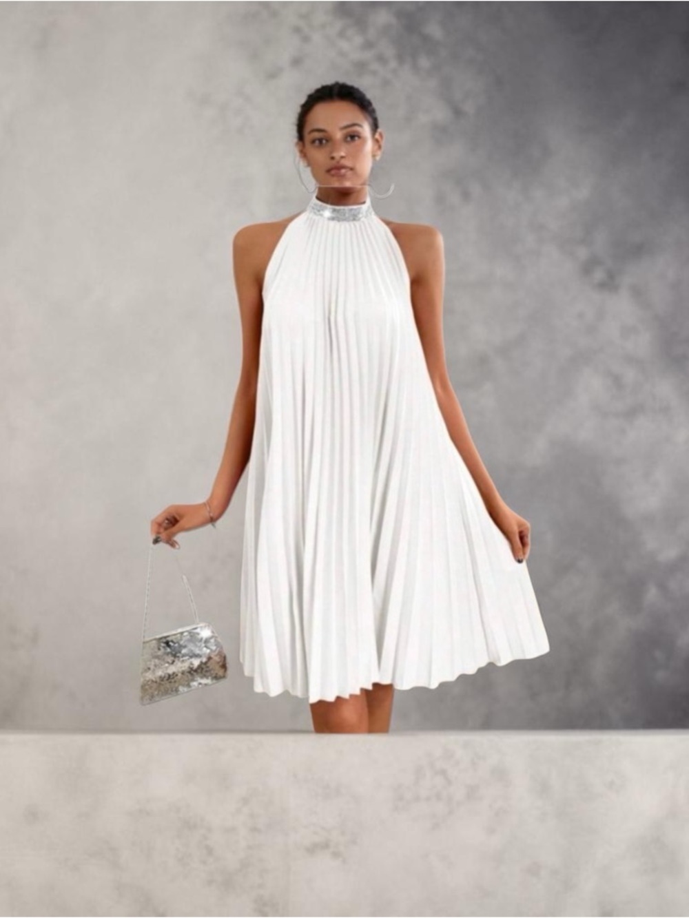 White Pleated Halter Swing Dress with Sequin Collar  | Elegant and Flowy - Picture 5 of 8